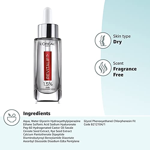 L'Oreal Paris Revitalift 1.5% Pure Hyaluronic Acid Face Serum, Hydrate & Reduce Wrinkles, 1 oz