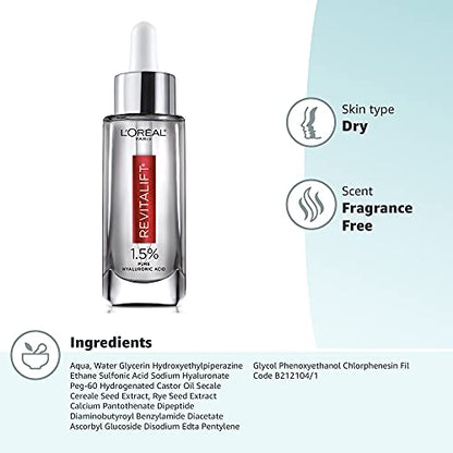 L'Oreal Paris Revitalift 1.5% Pure Hyaluronic Acid Face Serum, Hydrate & Reduce Wrinkles, 1 oz