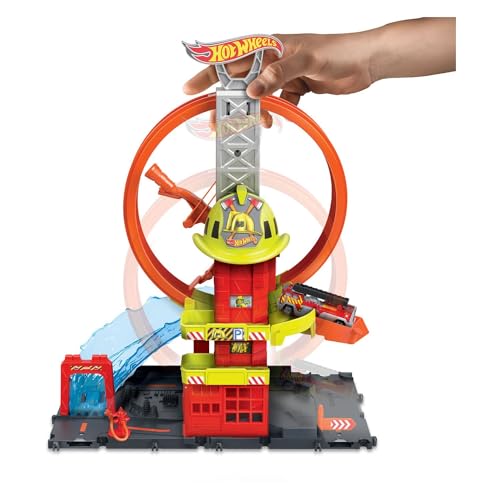 Hot Wheels City Toy Car Track Set, Super Loop Fire Station & 1:64 Scale Firetruck