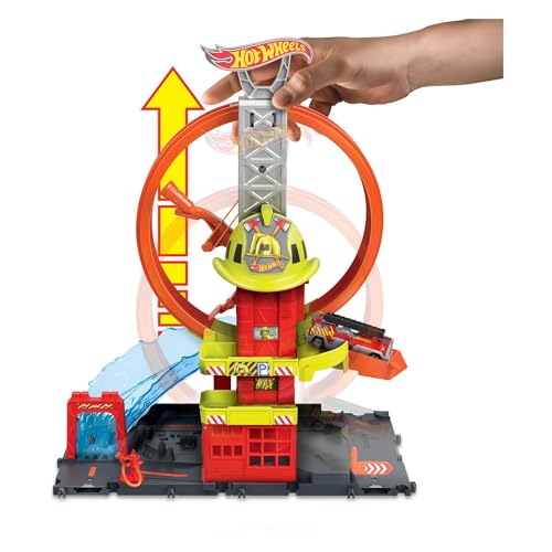 Hot Wheels City Toy Car Track Set, Super Loop Fire Station & 1:64 Scale Firetruck