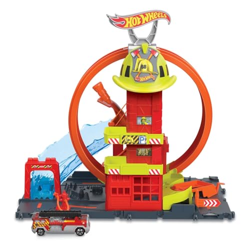 Hot Wheels City Toy Car Track Set, Super Loop Fire Station & 1:64 Scale Firetruck