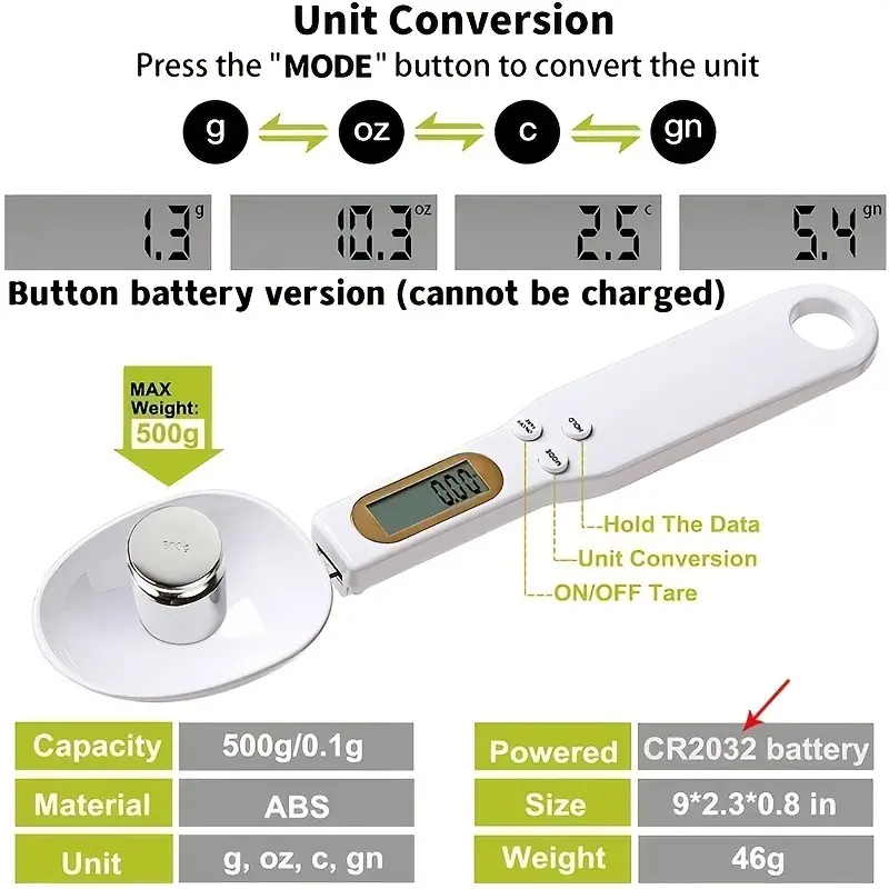 Digital Measuring Spoon Scale - Precision Kitchen Accessories Tool Perfect for Cooking & Baking Holds Upto 500g