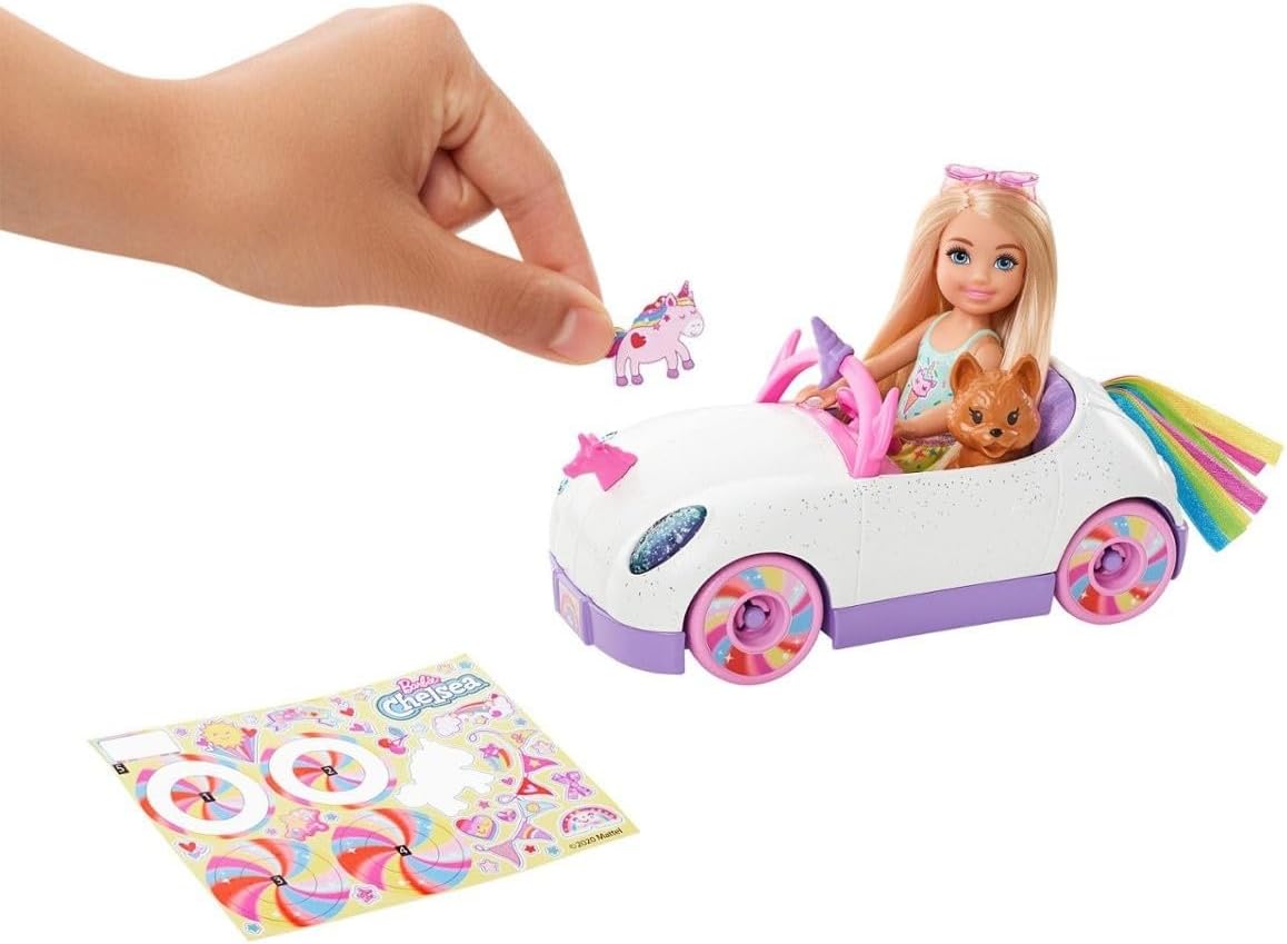 Barbie Chelsea Doll & Toy Car with Unicorn Theme, Blonde Small Doll in Removable Skirt, Pet Puppy, Sticker Sheet & Accessories