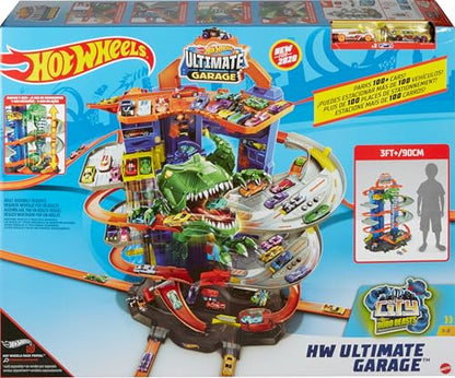 Hot Wheels City Toy Car Track Set, Ultimate Garage with T-Rex Dinosaur, Store 100+ 1:64 Scale Vehicles, 3-ft Tall, with 2 Cars