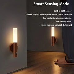 LED Wood Grain Motion Sensor Night Light – USB Rechargeable Magnetic Wall Lamp for Staircase & Bedroom