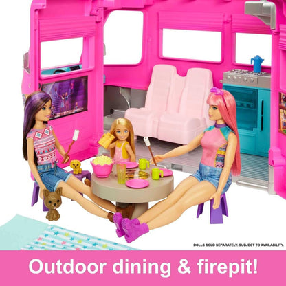 Barbie Camper Playset, DreamCamper Toy Vehicle with 60 Doll-Sized Accessories Including Furniture, Pool & 30-inch Slide