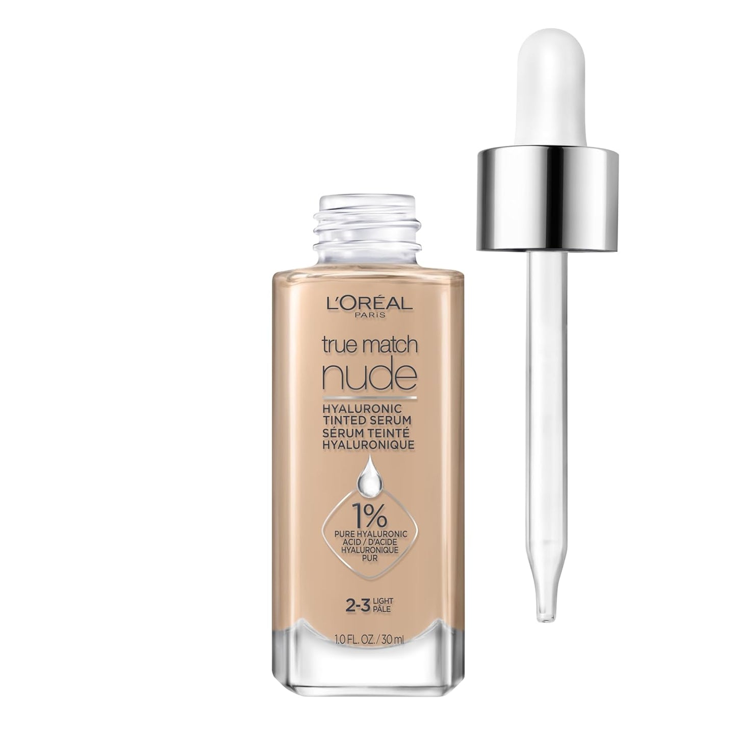 L'Oreal Paris True Match Nude Hyaluronic Tinted Serum Foundation with 1% Hyaluronic acid, Light 2-3, 1 fl. oz.