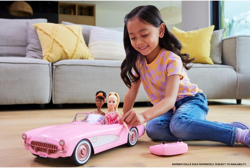 Hot Wheels Barbie RC Corvette from Barbie The Movie, Full-Function Remote-Control Toy Car Holds 2 Barbie Dolls