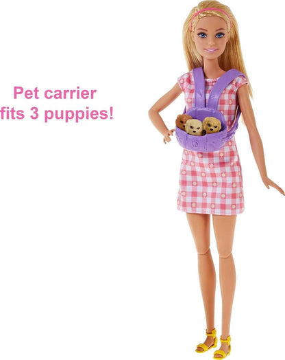 Barbie Doll & Pets, Blonde Doll with Mommy Dog, 3 Newborn Puppies with Color-Change Feature & Pet Accessories