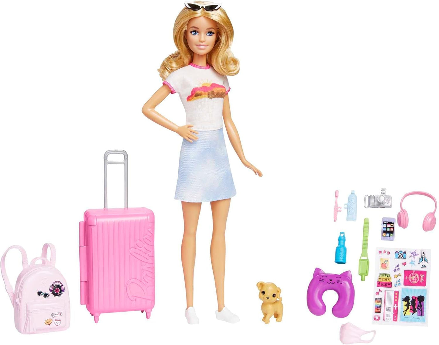 Barbie Doll & Accessories, Travel Set with Puppy and 10+ Pieces, Suitcase Opens & Closes, Malibu Doll with Blonde Hair