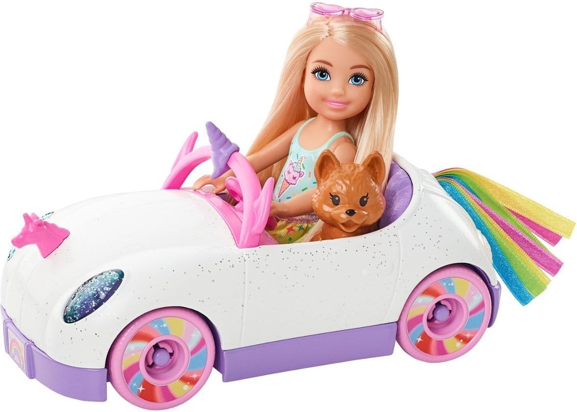 Barbie Chelsea Doll & Toy Car with Unicorn Theme, Blonde Small Doll in Removable Skirt, Pet Puppy, Sticker Sheet & Accessories