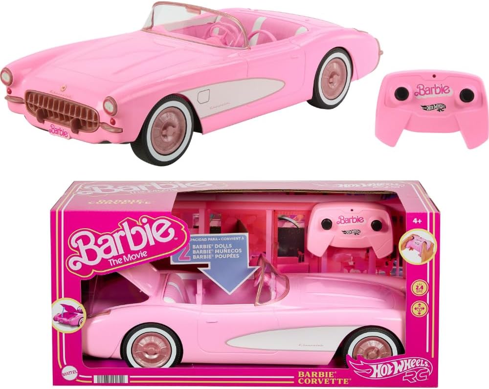 Hot Wheels Barbie RC Corvette from Barbie The Movie, Full-Function Remote-Control Toy Car Holds 2 Barbie Dolls