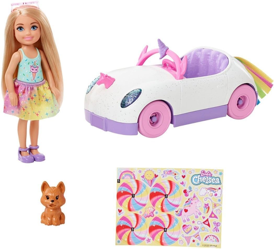 Barbie Chelsea Doll & Toy Car with Unicorn Theme, Blonde Small Doll in Removable Skirt, Pet Puppy, Sticker Sheet & Accessories