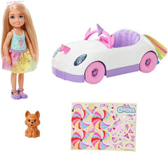 Barbie Chelsea Doll & Toy Car with Unicorn Theme, Blonde Small Doll in Removable Skirt, Pet Puppy, Sticker Sheet & Accessories