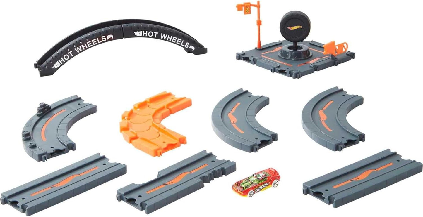 Hot Wheels Toy Car Track Set Pack, 10 Track-Building Parts with City Square, Bridge & 1:64 Scale Vehicle, Connects to Other Tracks