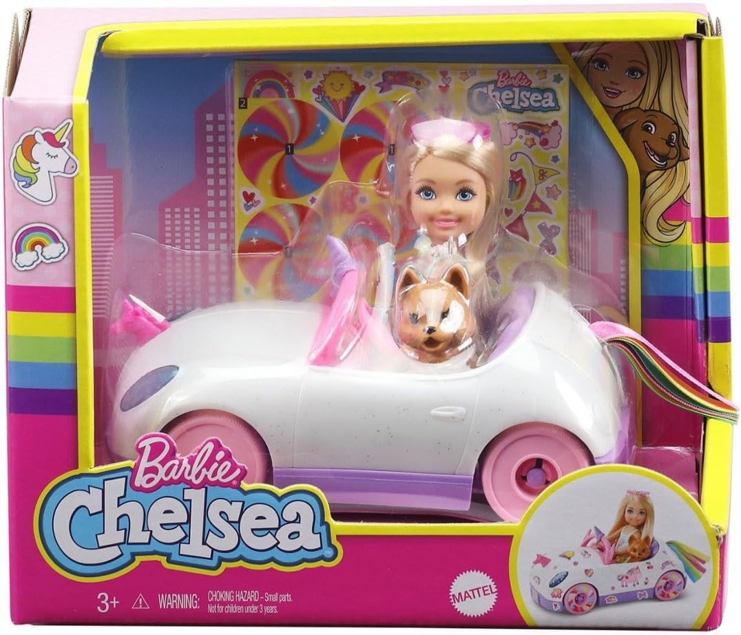 Barbie Chelsea Doll & Toy Car with Unicorn Theme, Blonde Small Doll in Removable Skirt, Pet Puppy, Sticker Sheet & Accessories