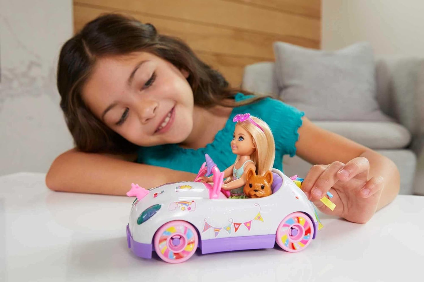 Barbie Chelsea Doll & Toy Car with Unicorn Theme, Blonde Small Doll in Removable Skirt, Pet Puppy, Sticker Sheet & Accessories