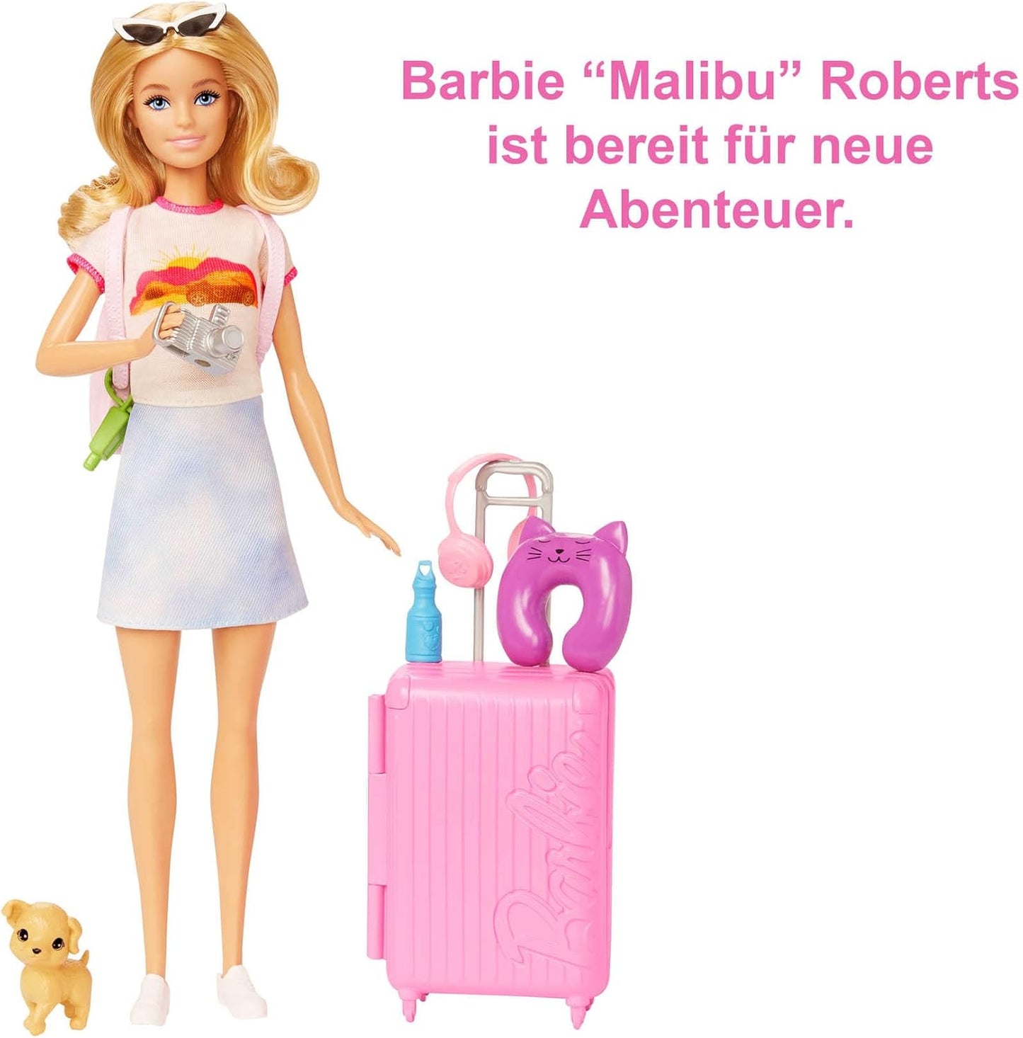 Barbie Doll & Accessories, Travel Set with Puppy and 10+ Pieces, Suitcase Opens & Closes, Malibu Doll with Blonde Hair