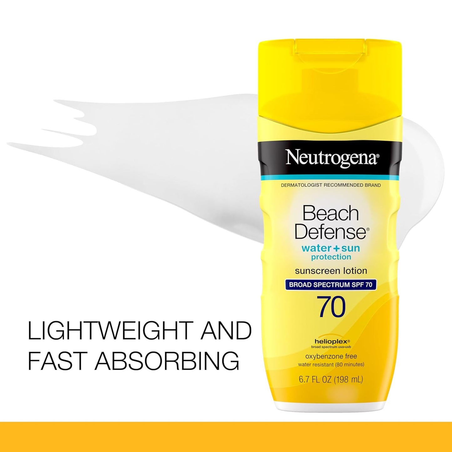 Neutrogena Beach Defense Face and Body Sunscreen Lotion with Broad Spectrum SPF 70, Offers UVA/UVB Protection, Water Resistant and Oil Free Sun Protection, Oxybenzone Free and Fast Drying, 6.5 OZ