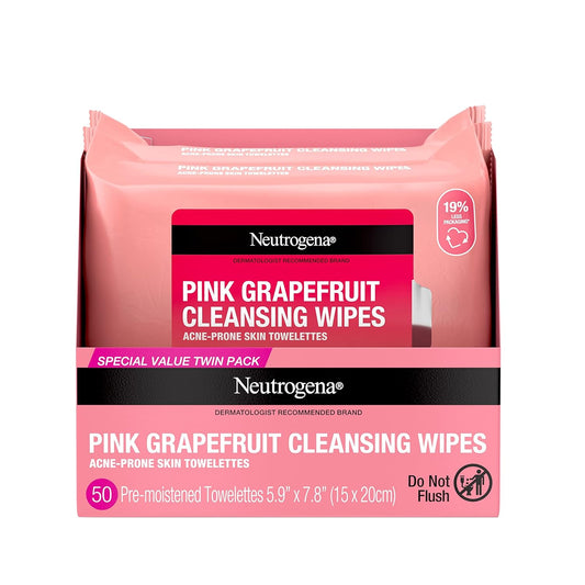 Neutrogena Makeup Remover Wipes, Facial Cleansing Wipes Suitable for Oily & Acne Prone Skin, Wipes Away Bacteria, Dirt & Oil, Scented Facial Wipes with Pink Grapefruit Extract, 25 Count (Pack of 2)