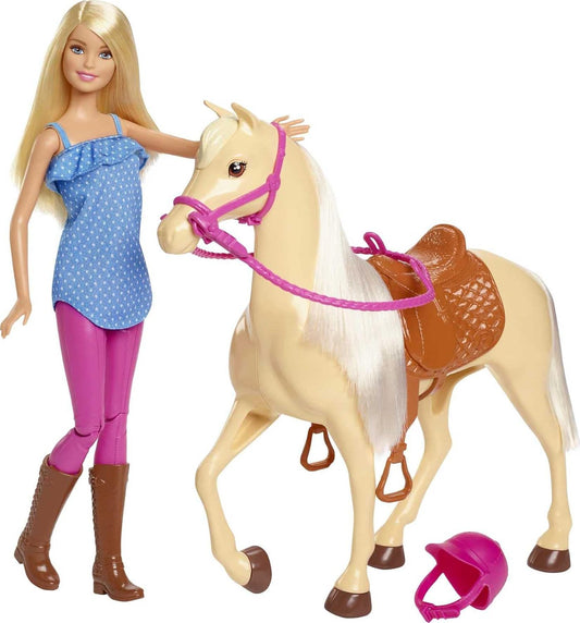 Barbie Doll & Toy Horse Set, Blonde Fashion Doll in Riding Outfit & Light Brown Horse with Saddle, Bridle & Reins