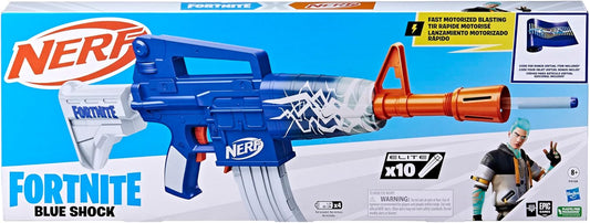 Nerf Fortnite Blue Shock Blaster, 10-Dart Clip, 10 Elite Nerf Darts, Includes Bonus Code to Unlock The Beat Wrap in The Game, Motorized Dart Blaster