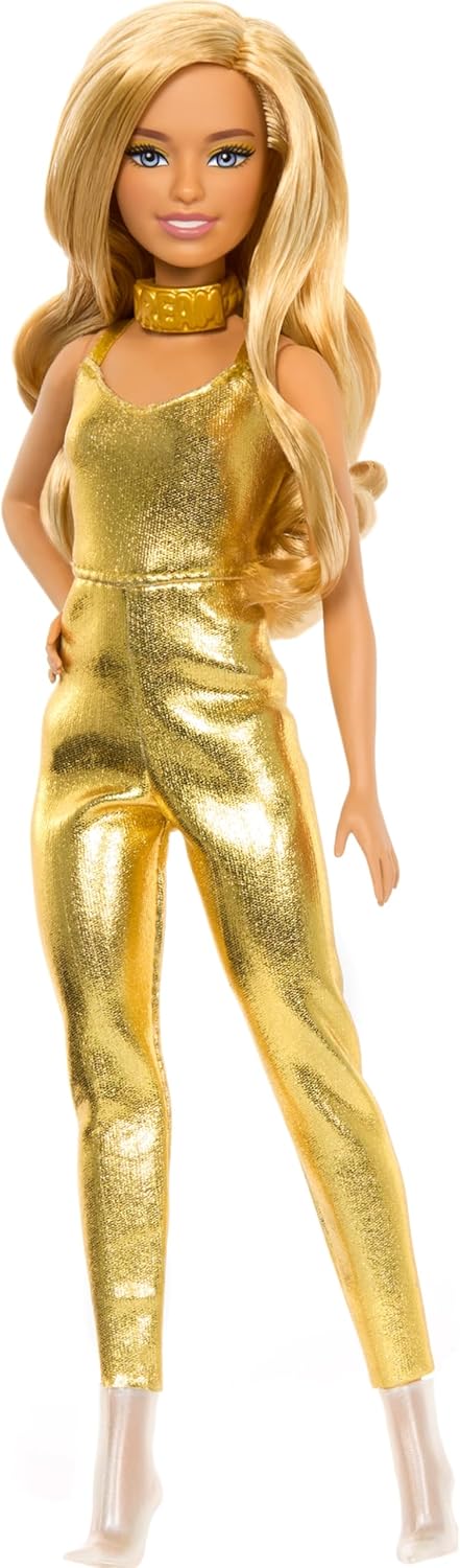 Barbie Fashionistas Doll, Petite Body Type with Blonde Wavy Hair, Golden Jumpsuit & Accessories