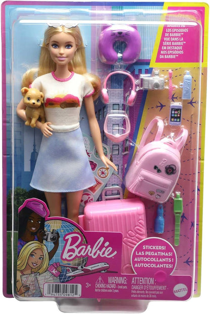 Barbie Doll & Accessories, Travel Set with Puppy and 10+ Pieces, Suitcase Opens & Closes, Malibu Doll with Blonde Hair