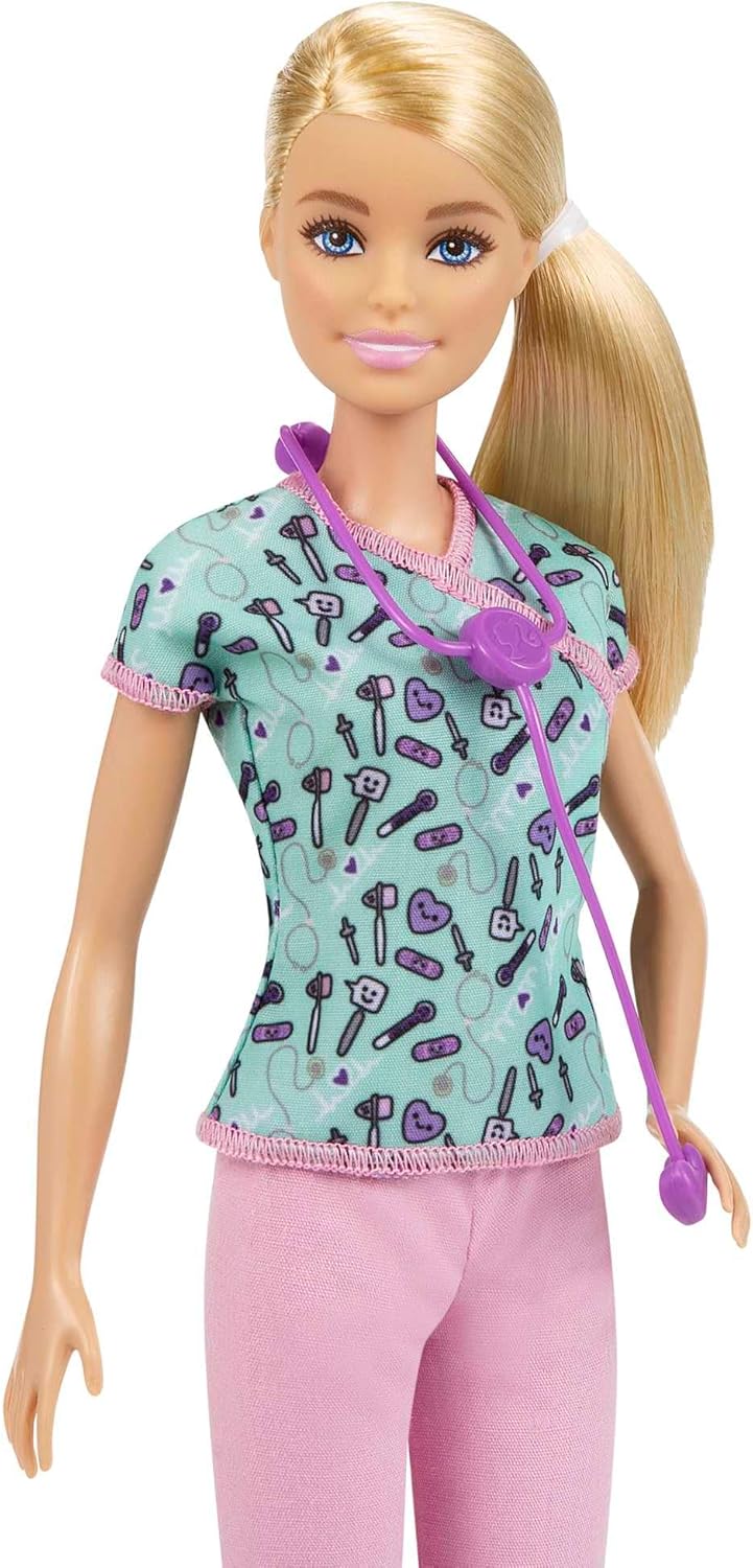 Barbie Careers Fashion Doll & Accessory, Nurse Wearing Print Top, Pink Pants & White Shoes with Stethoscope