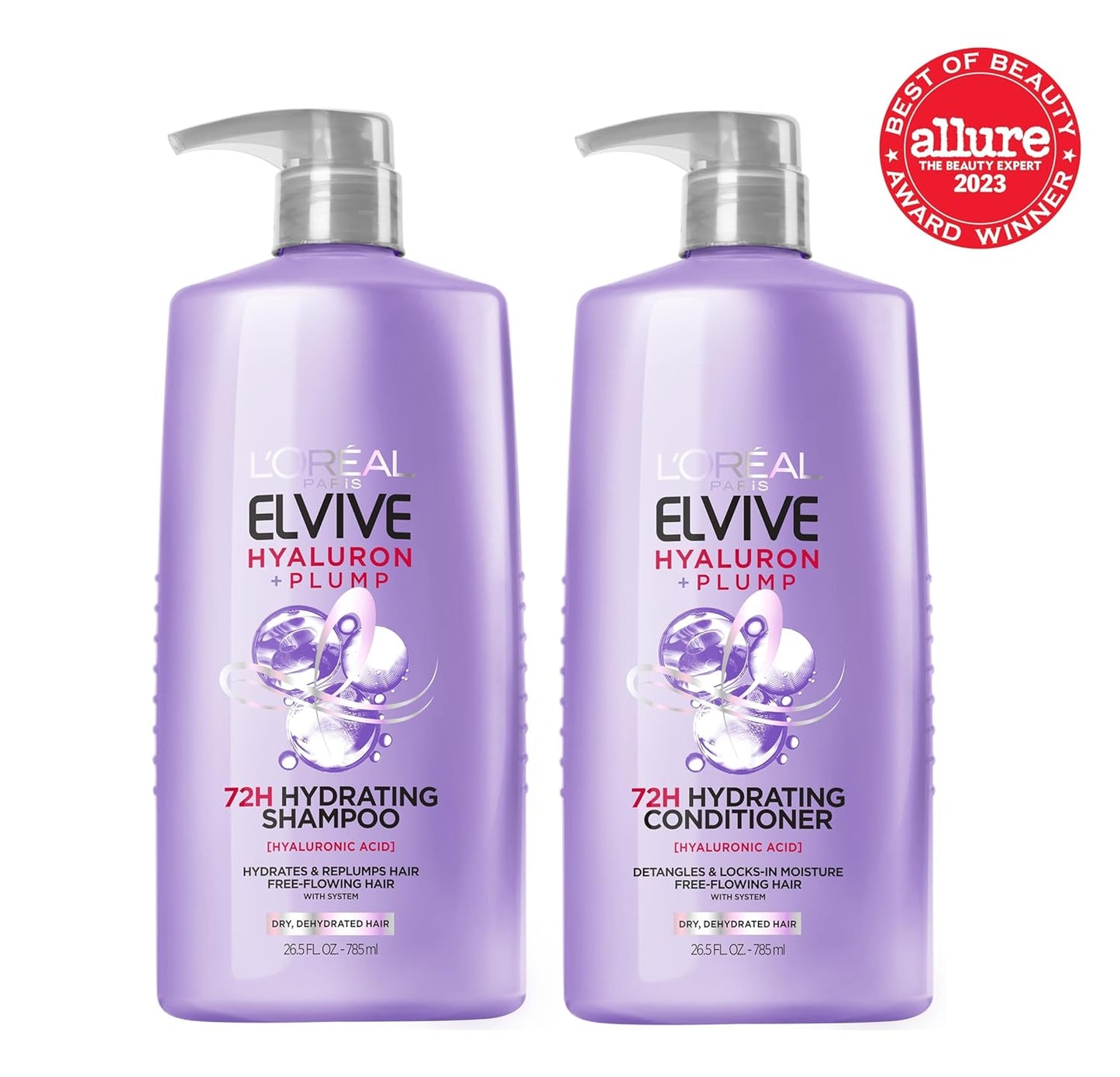 L'Oreal Paris Elvive Hyaluron Plump Shampoo and Conditioner Set for Dehydrated, Dry Hair with Hyaluronic Acid Care Complex, 1 Kit (2 Products)