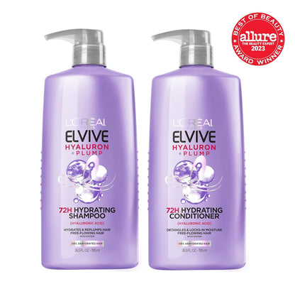 L'Oreal Paris Elvive Hyaluron Plump Shampoo and Conditioner Set for Dehydrated, Dry Hair with Hyaluronic Acid Care Complex, 1 Kit (2 Products)