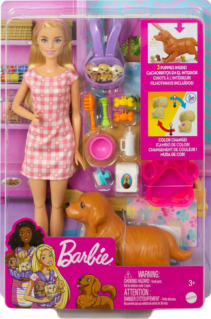 Barbie Doll & Pets, Blonde Doll with Mommy Dog, 3 Newborn Puppies with Color-Change Feature & Pet Accessories