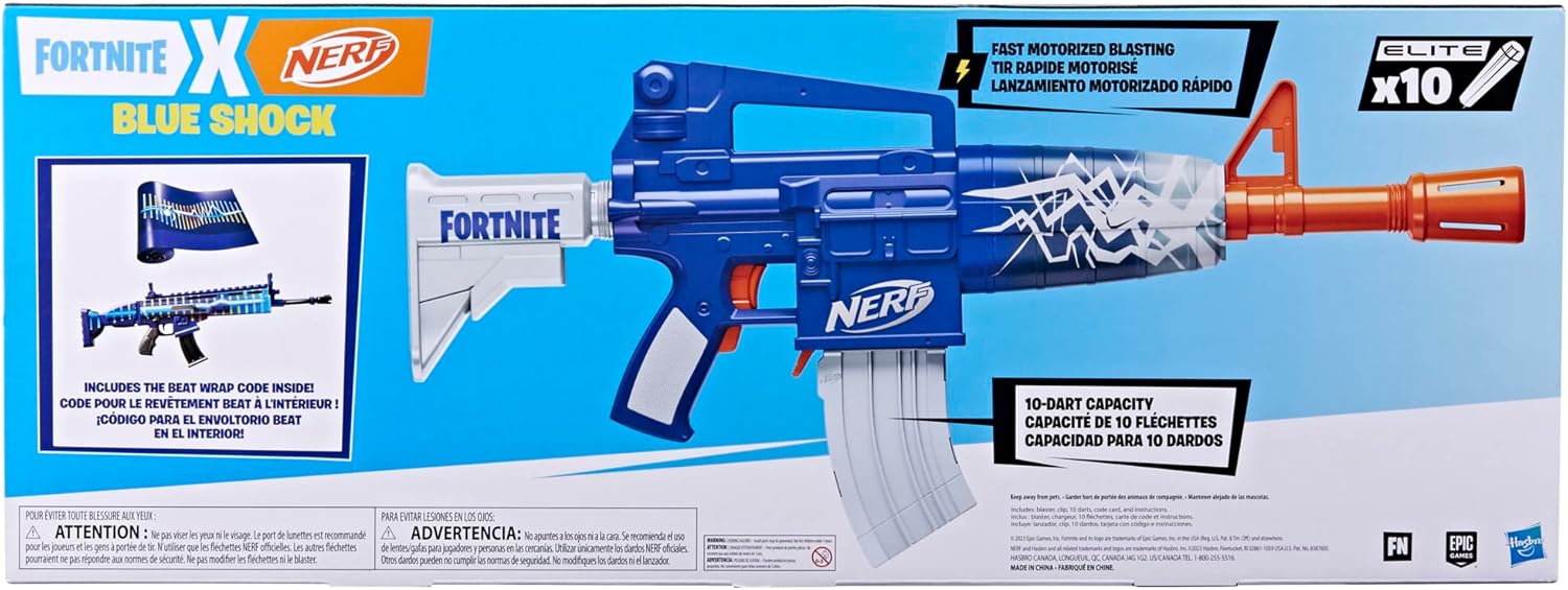 Nerf Fortnite Blue Shock Blaster, 10-Dart Clip, 10 Elite Nerf Darts, Includes Bonus Code to Unlock The Beat Wrap in The Game, Motorized Dart Blaster