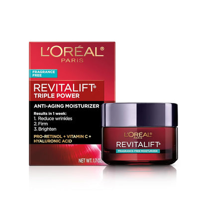 L'Oreal Paris Revitalift Triple Power Anti-Aging Face Moisturizer, Pro Retinol, Hyaluronic Acid & Vitamin C, Reduce Wrinkles, Fragrance Free 1.7 Oz