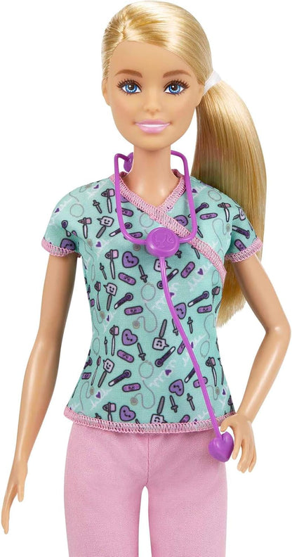 Barbie Careers Fashion Doll & Accessory, Nurse Wearing Print Top, Pink Pants & White Shoes with Stethoscope