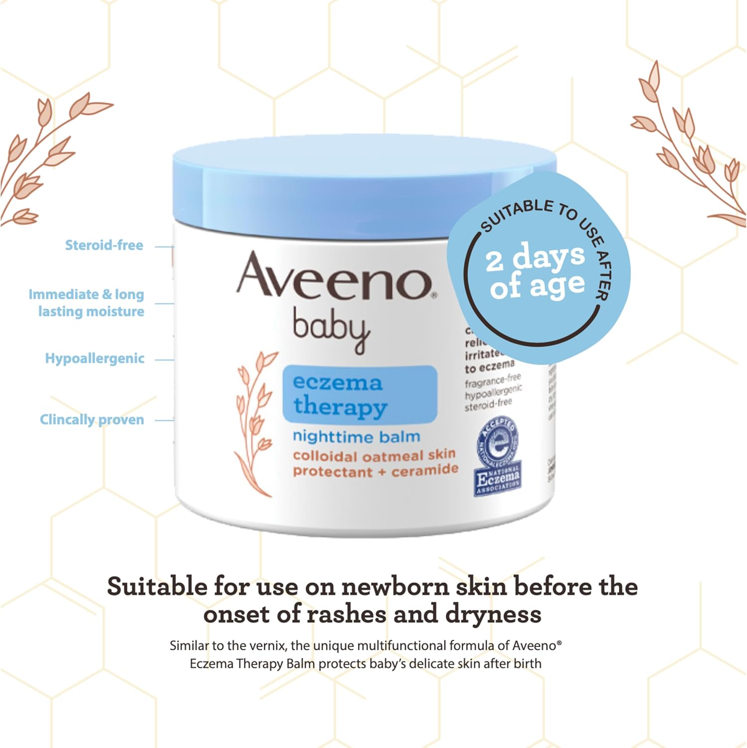 Aveeno Baby Eczema Therapy Nighttime Moisturizing Body Balm, Nourishing Skin Protectant Soothes & Relieves Dry, Itchy Skin from Eczema, Hypoallergenic, Fragrance- & Steroid-Free, 11 oz