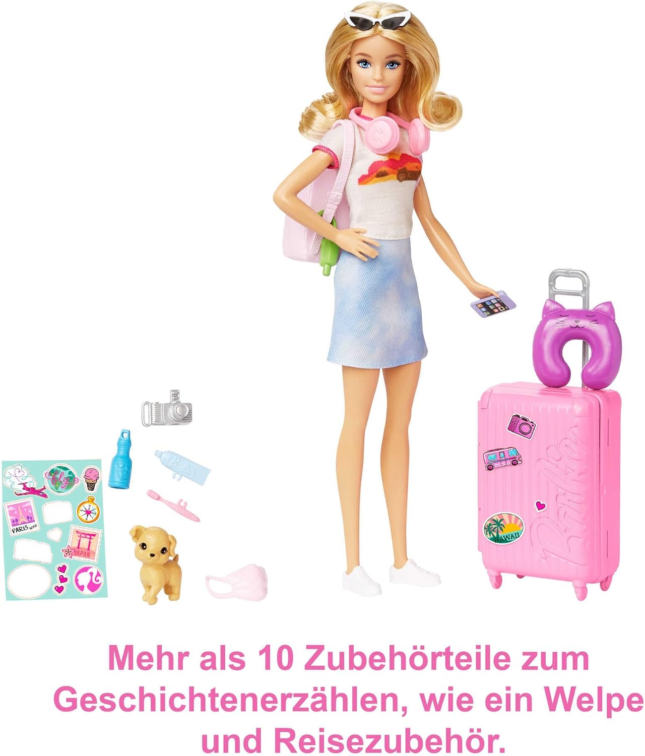 Barbie Doll & Accessories, Travel Set with Puppy and 10+ Pieces, Suitcase Opens & Closes, Malibu Doll with Blonde Hair