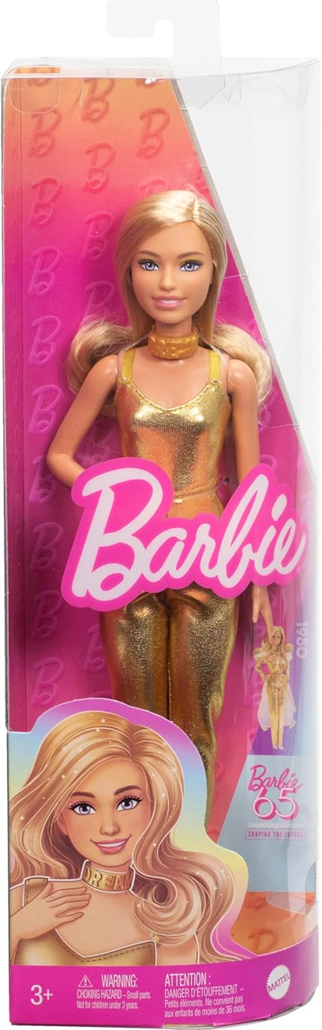 Barbie Fashionistas Doll, Petite Body Type with Blonde Wavy Hair, Golden Jumpsuit & Accessories