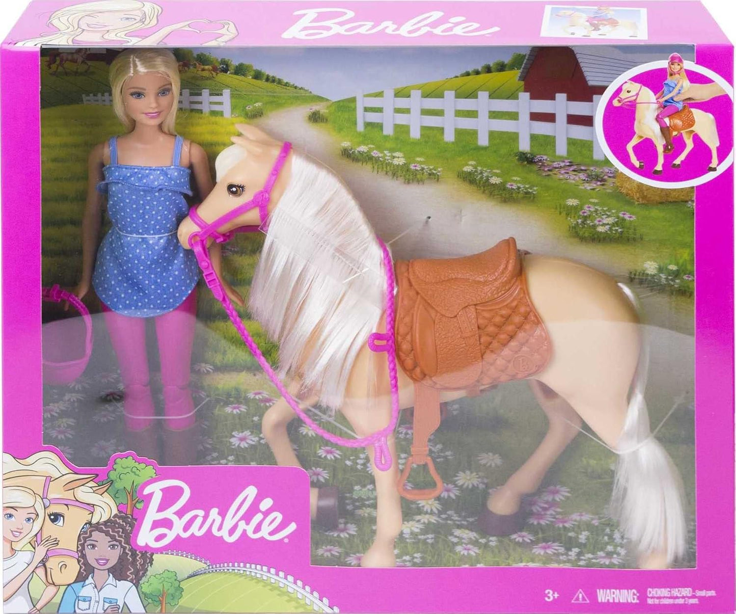 Barbie Doll & Toy Horse Set, Blonde Fashion Doll in Riding Outfit & Light Brown Horse with Saddle, Bridle & Reins