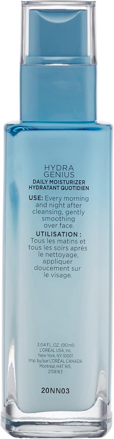 L'Oreal Paris Skincare Hydra Genius Daily Liquid Care Oil-Free Face Moisturizer for Normal to Dry Skin, Hyaluronic Acid Moisturizer for Face with Aloe Water and Hyaluronic Acid, 3.04 fl. oz.