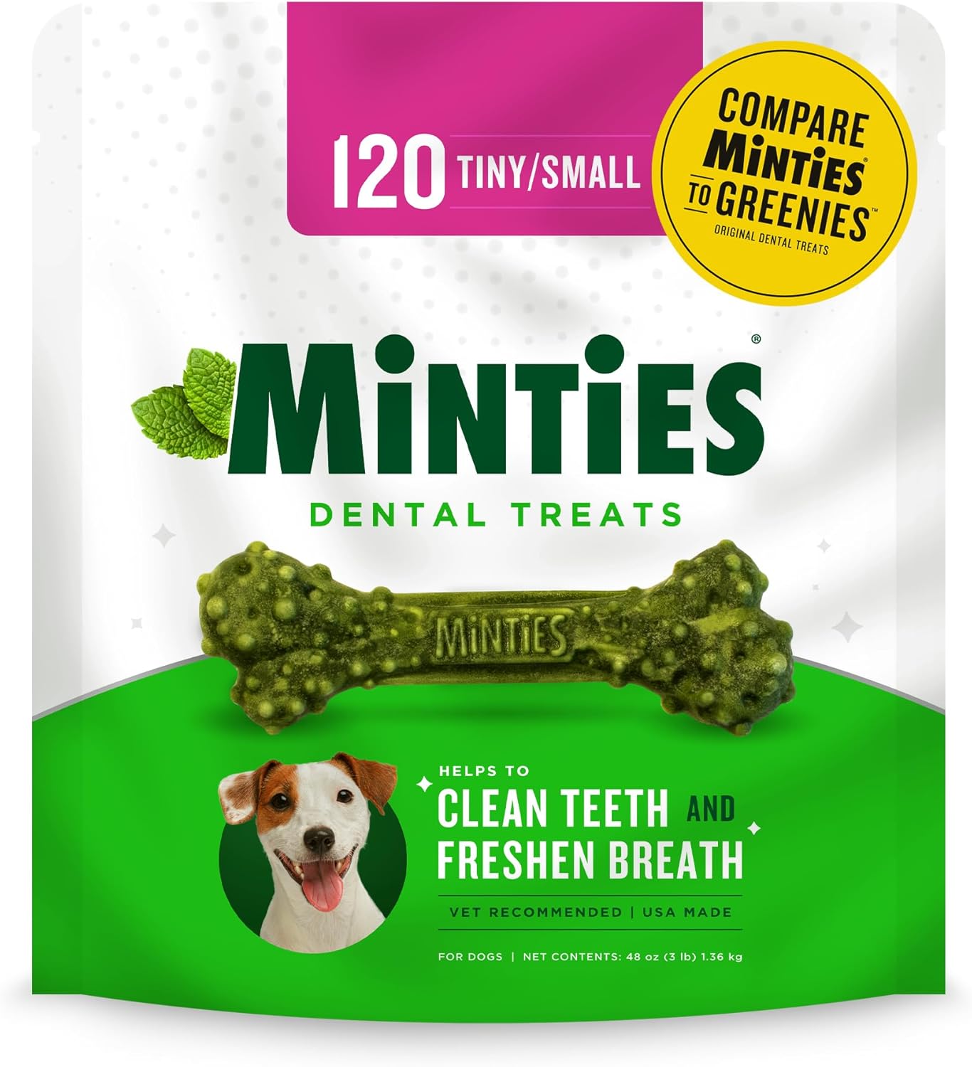 Minties Dental Chews for Dogs, 120 Count, Vet-Recommended Mint-Flavored Dental Treats for Tiny/Small Dogs 5-24 lbs, Dental Bones Clean Teeth, Fight Bad Breath, and Removes Plaque and Tartar