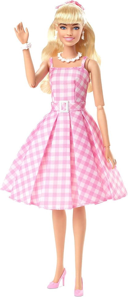 Barbie The Movie Doll, Margot Robbie as, Collectible Doll Wearing Pink & White Gingham Dress with Daisy Chain Necklace