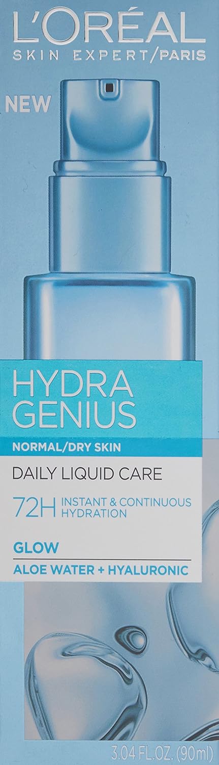 L'Oreal Paris Skincare Hydra Genius Daily Liquid Care Oil-Free Face Moisturizer for Normal to Dry Skin, Hyaluronic Acid Moisturizer for Face with Aloe Water and Hyaluronic Acid, 3.04 fl. oz.