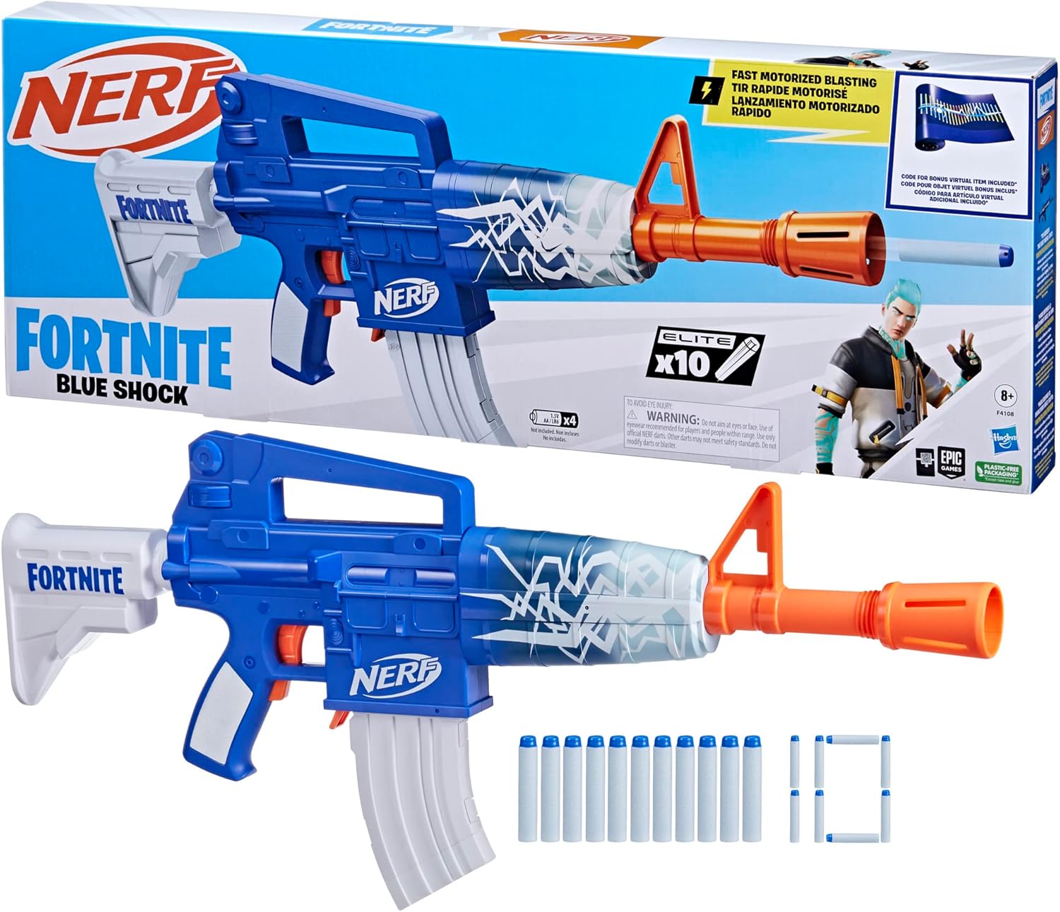 Nerf Fortnite Blue Shock Blaster, 10-Dart Clip, 10 Elite Nerf Darts, Includes Bonus Code to Unlock The Beat Wrap in The Game, Motorized Dart Blaster