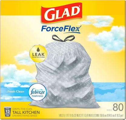 Glad ForceFlex Tall Kitchen Trash Bags, 13 Gallon, Gain Fresh Clean, 80 Count (Package May Vary)