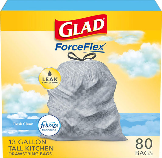 Glad ForceFlex Tall Kitchen Trash Bags, 13 Gallon, Gain Fresh Clean, 80 Count (Package May Vary)