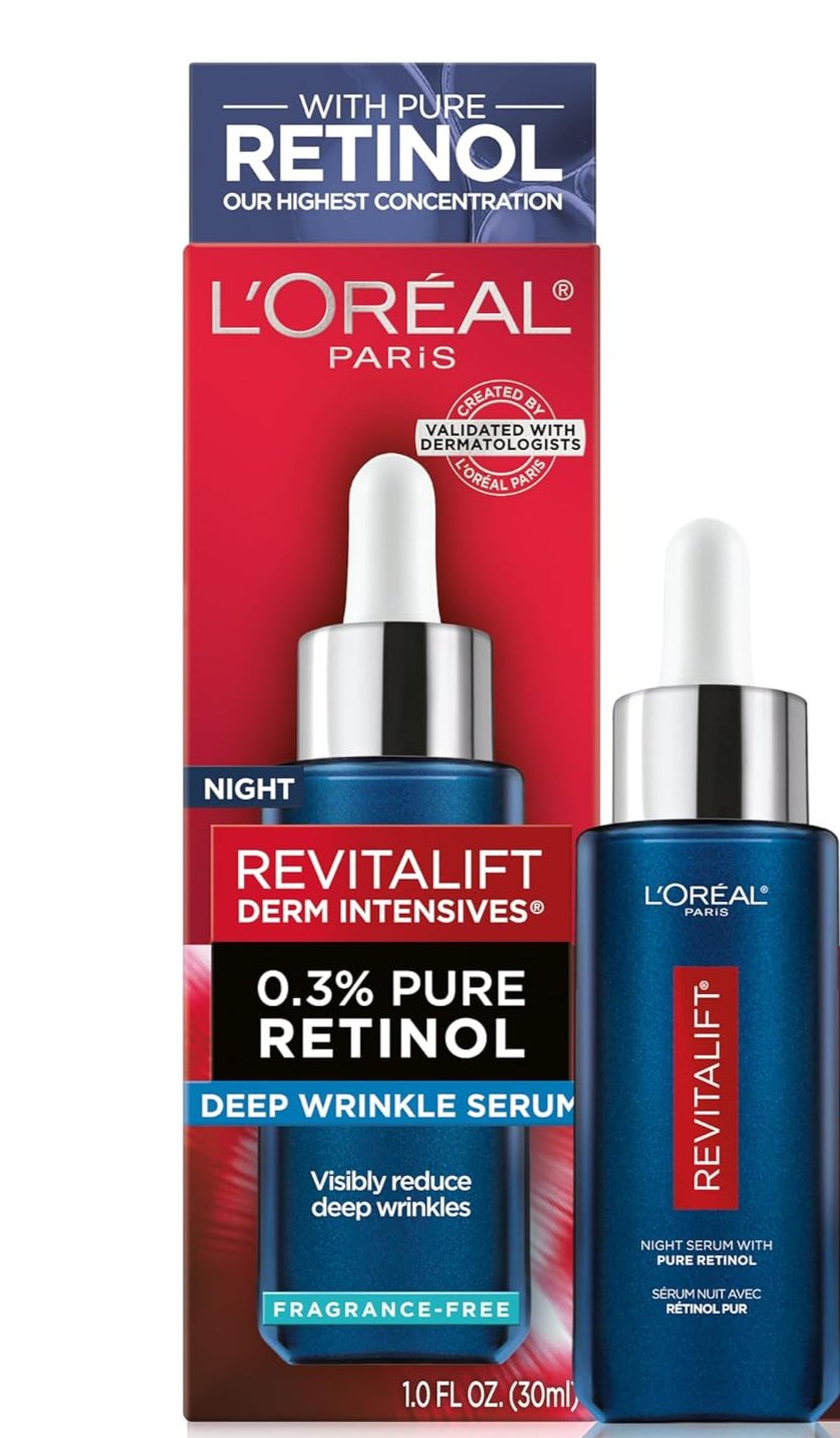 L'Oreal Paris Revitalift 0.3% Pure Retinol Night Serum, Reduce Deep Wrinkles, Fragrance Free 1 oz