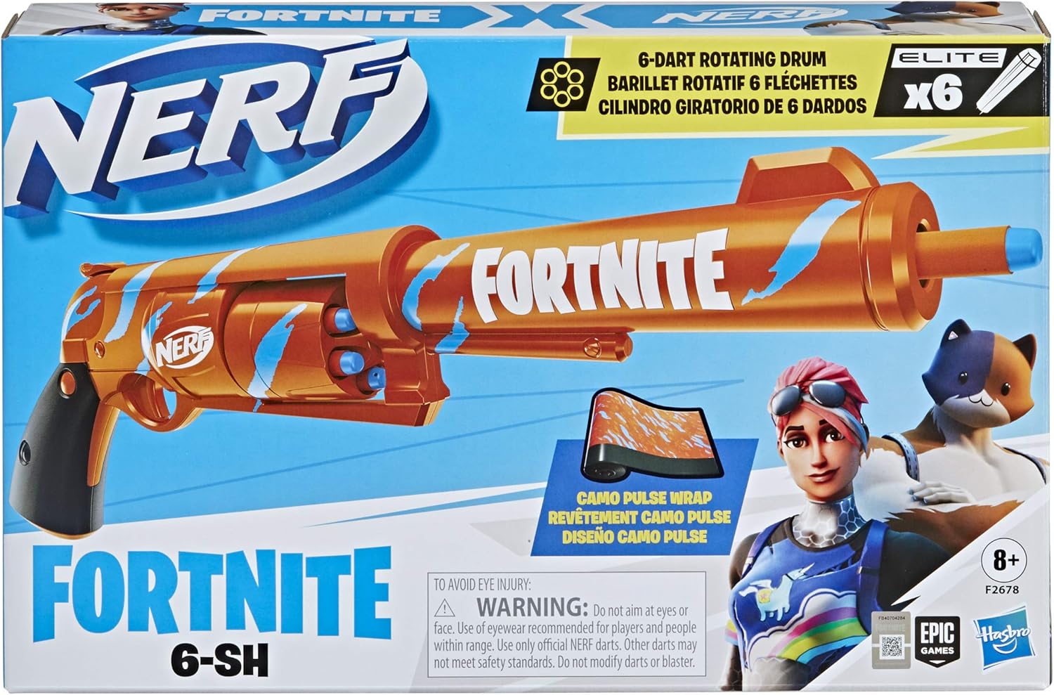 Nerf Fortnite 6-SH Dart Blaster - Camo Pulse Wrap, Hammer Action Priming, 6-Dart Rotating Drum, Includes 6 Official Elite Darts