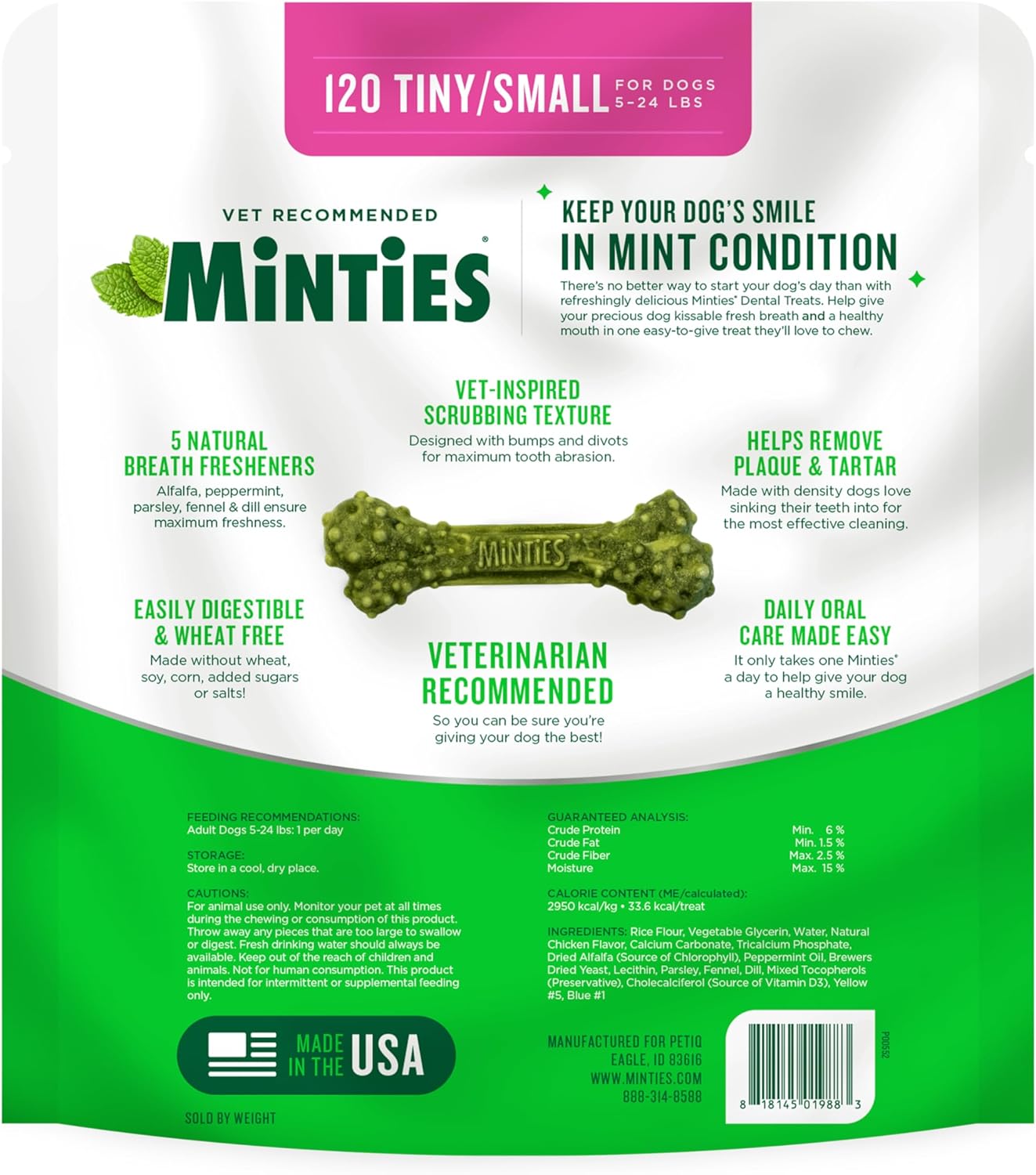 Minties Dental Chews for Dogs, 120 Count, Vet-Recommended Mint-Flavored Dental Treats for Tiny/Small Dogs 5-24 lbs, Dental Bones Clean Teeth, Fight Bad Breath, and Removes Plaque and Tartar