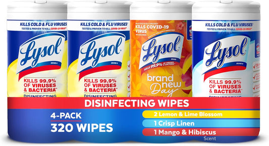 Lysol Disinfecting Wipes Bundle, Home Apartment Dorm Room Essentials and Cleaning Supplies, All Purpose Cleaner, Multi-surface Cleaning Wipes, Multi-Scent Sanitizing Wipes Bundle, 80 Count (4pk)